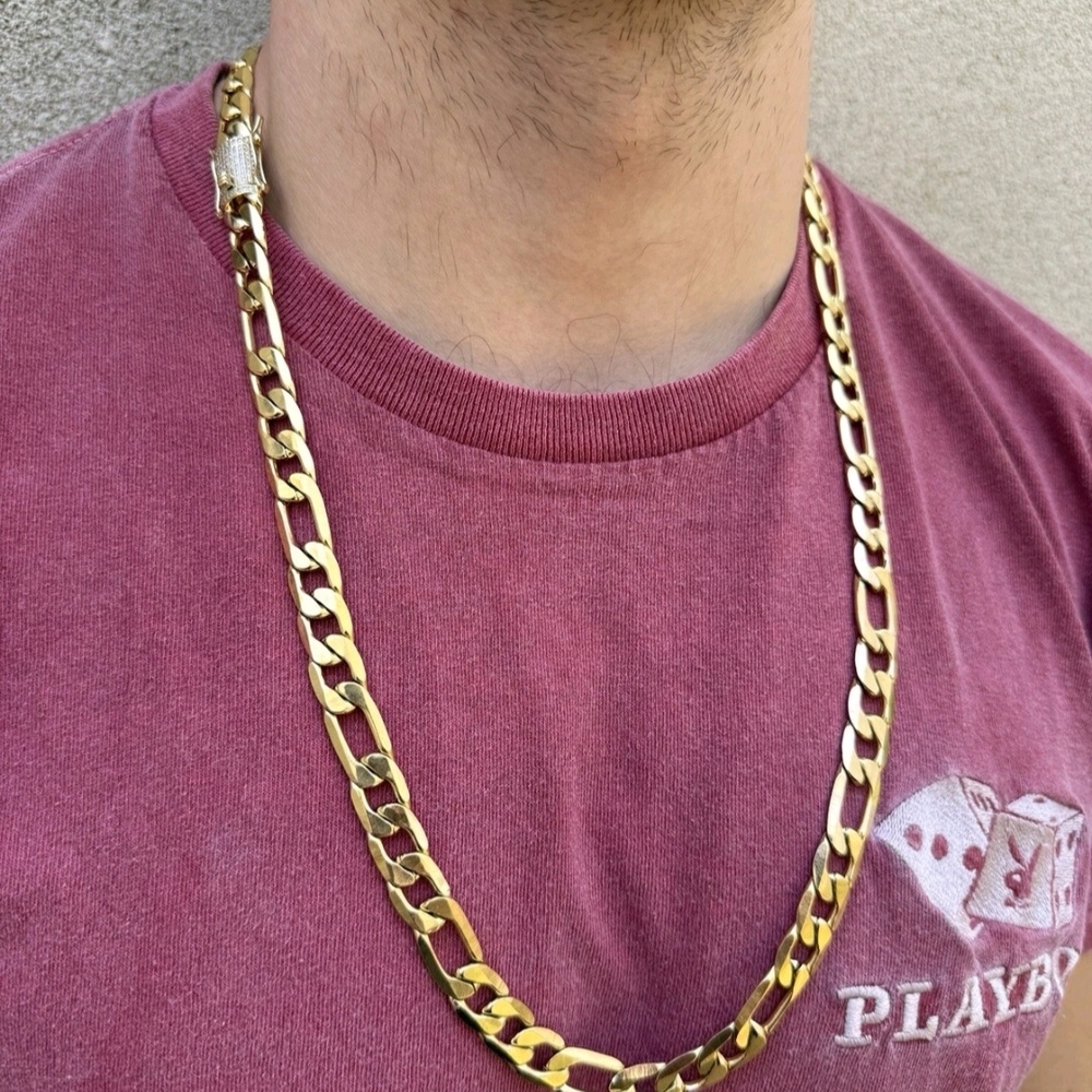 14k Gold Plated Steel 12mm Figaro Chain W. Iced CZ Clasp 30” Chain - Picture 5 of 6